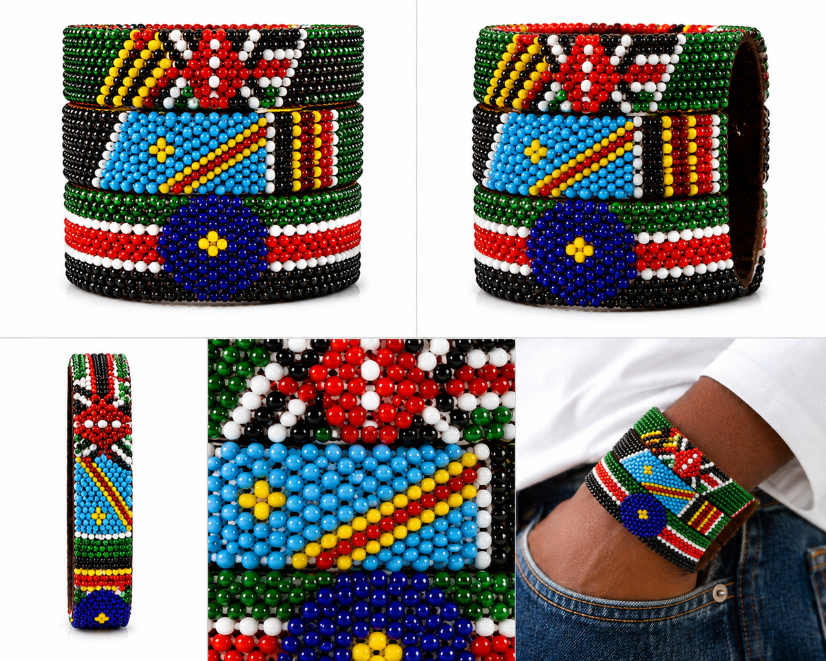 EKON360 Kenya, East Africa, and South Sudan beaded bracelets shown together, with detail and wrist views